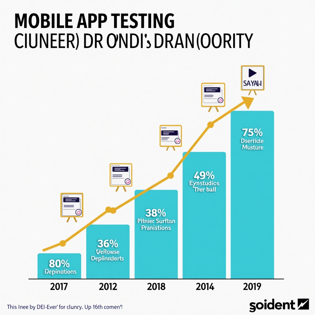 Infographic displaying mobile app testing career growth trajectory with salary progression, skill development milestones, and industry demand statistics over a 5-year timeline