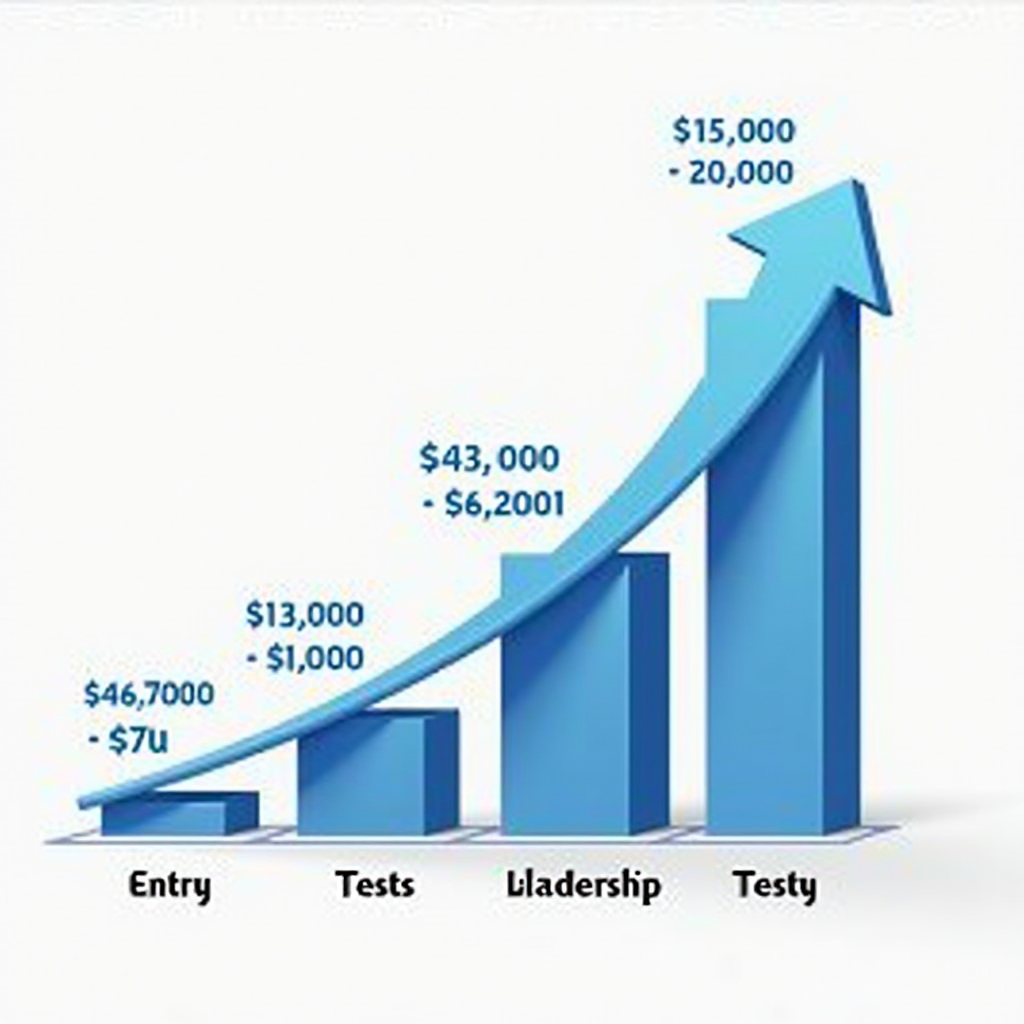 Infographic showing mobile app testing career growth trajectory from entry-level tester earning $45,000-$65,000, progressing through mid-level positions at $70,000-$95,000, advancing to senior roles and automation specialists at $95,000-$120,000, and culminating in leadership positions like QA Manager and Director earning $100,000-$150,000+. The infographic displays a upward trending path with skill milestones including manual testing, automation frameworks, performance testing, and team leadership, spanning a typical 5-10 year career progression timeline.