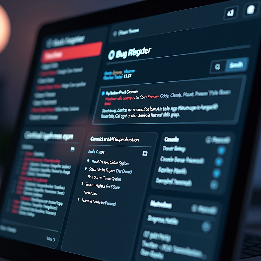 Detailed bug report interface showing critical severity mobile app bug with network connectivity issue, displaying error logs, stack traces, reproduction steps, and affected transaction data in a professional testing dashboard