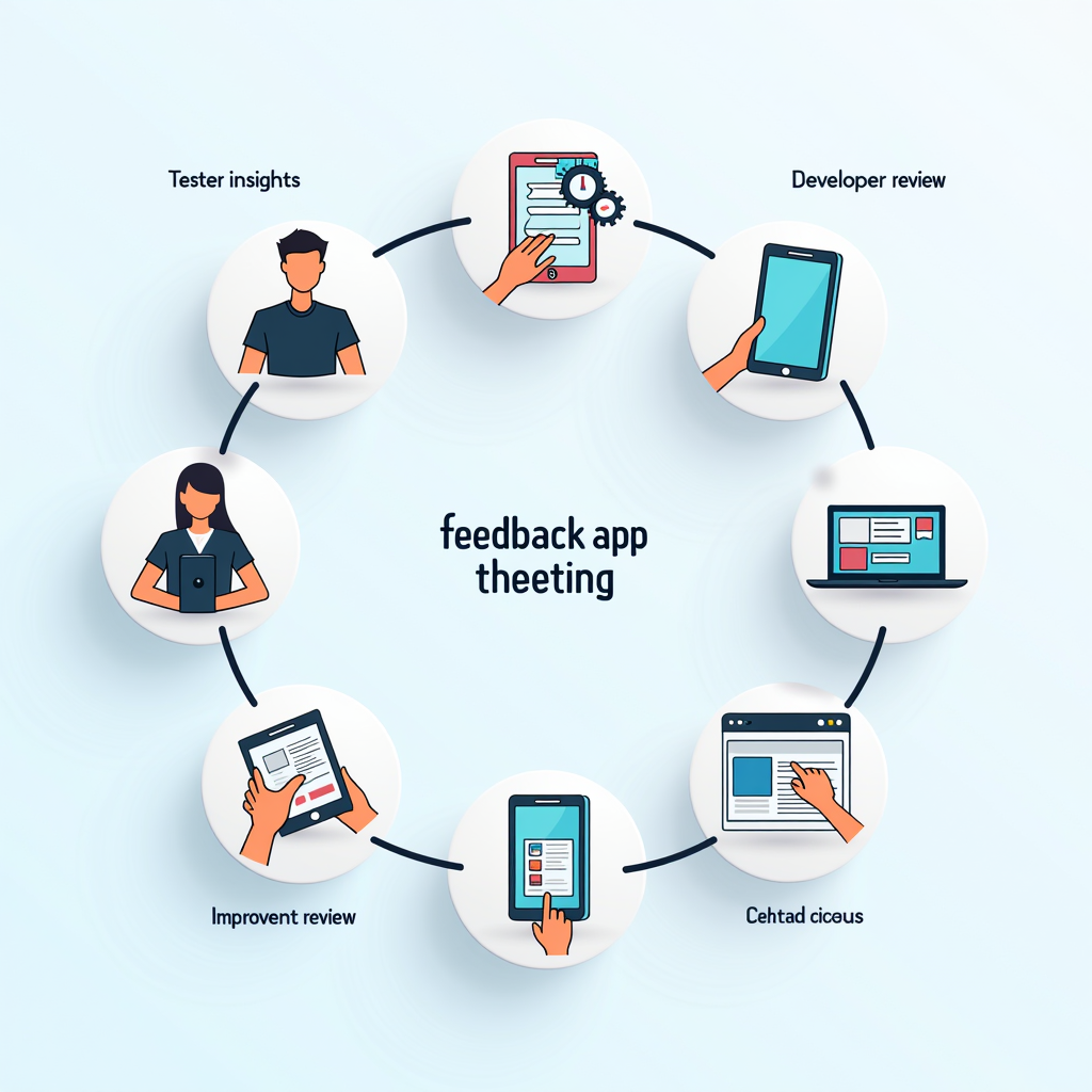 Diagram illustrating the feedback-to-implementation cycle in mobile app development, showing how tester insights flow from testing phase through developer review to implementation and back to testing, with icons representing testers providing feedback, developers analyzing data, code being updated, and improved features being released