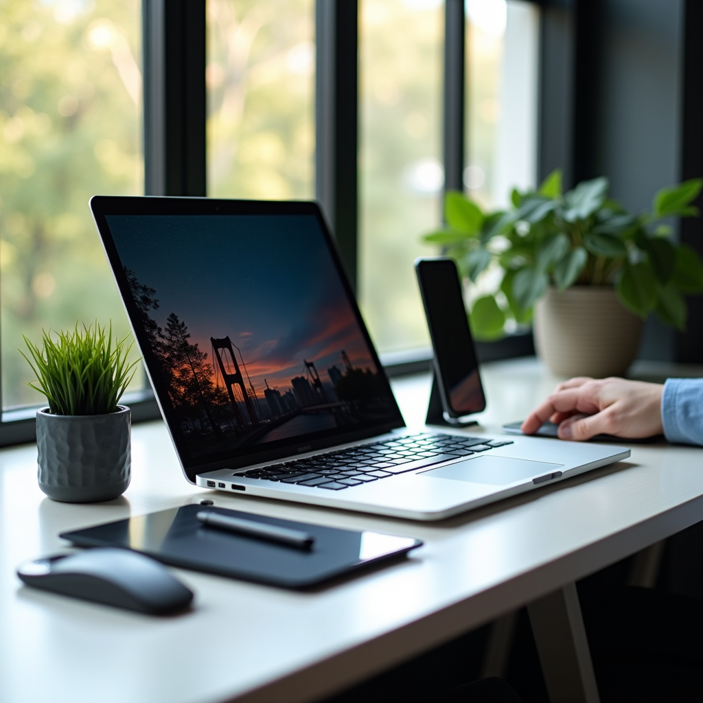 Modern remote work setup showing a laptop on a clean desk with mobile devices, testing equipment, and organized workspace with natural lighting, professional home office environment for mobile app testing