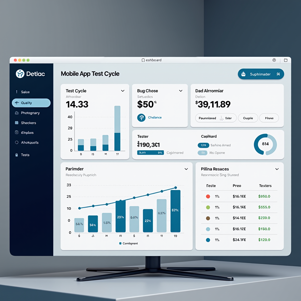 Screenshot of a popular mobile app testing platform dashboard showing active test cycles, bug submission interface, payment tracking, and tester performance metrics