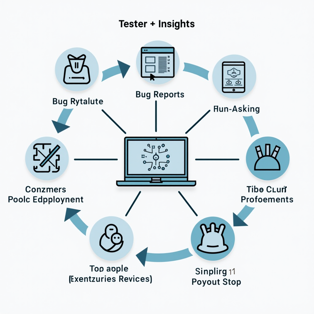 Diagram illustrating the feedback-to-implementation cycle showing how tester insights flow from bug reports through developer review to final app improvements and user experience enhancements