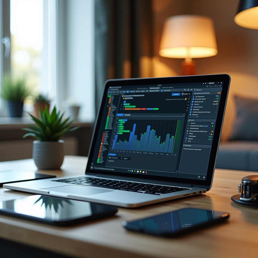Modern remote work setup showing laptop with mobile testing platform open, smartphone devices for testing, comfortable home office environment with natural lighting and organized workspace